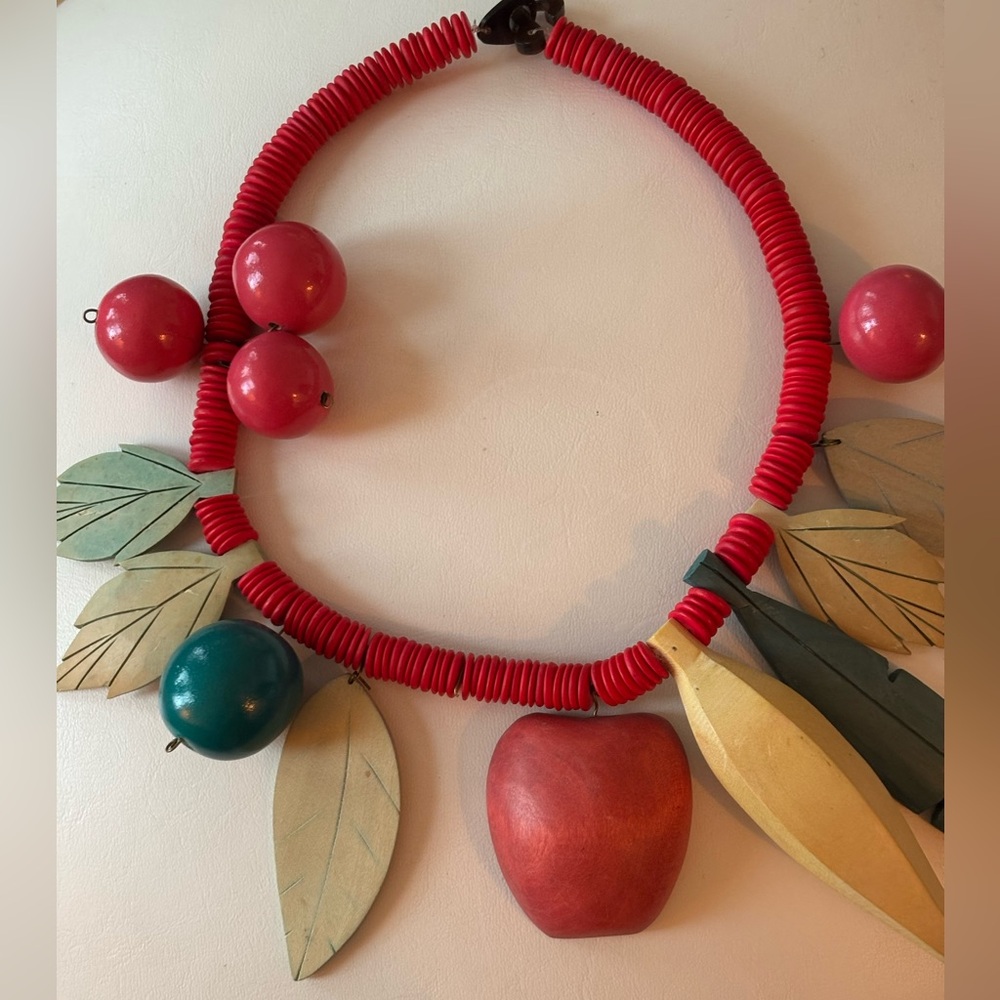 Vintage Colorful Fruit and Leaf Wood Necklace